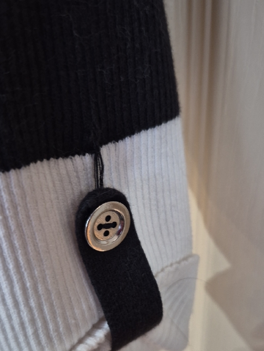 White House Black Market Black & White Off-Shoulder Button Strap Sweater - Picture 7 of 8